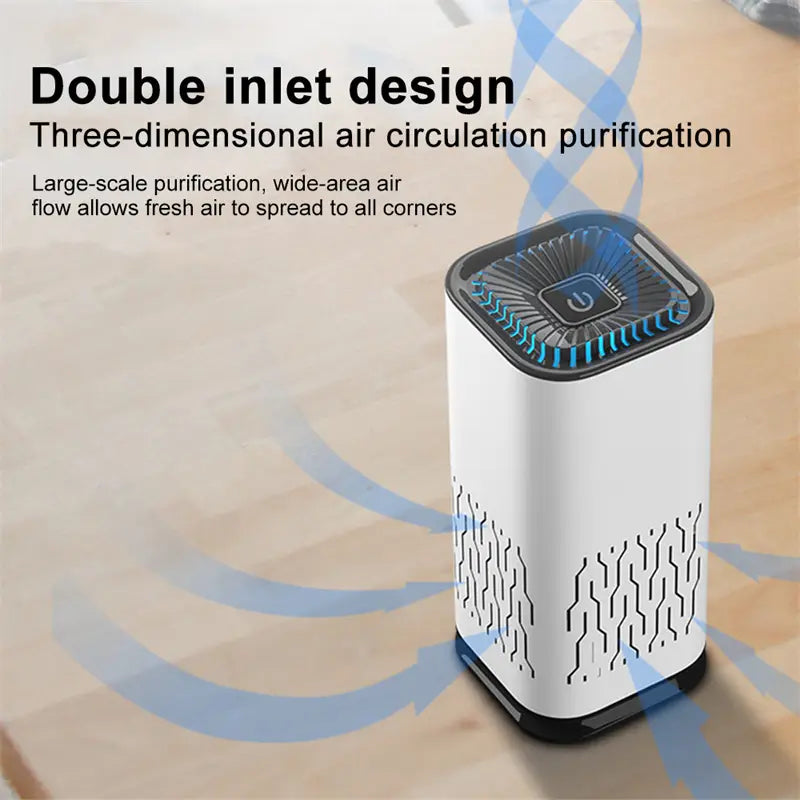 White and black air purifier portable with a sleek cylindrical body, blue led lighting around the top inlet, and geometric vent patterns, designed as a negative ion car air purifier.