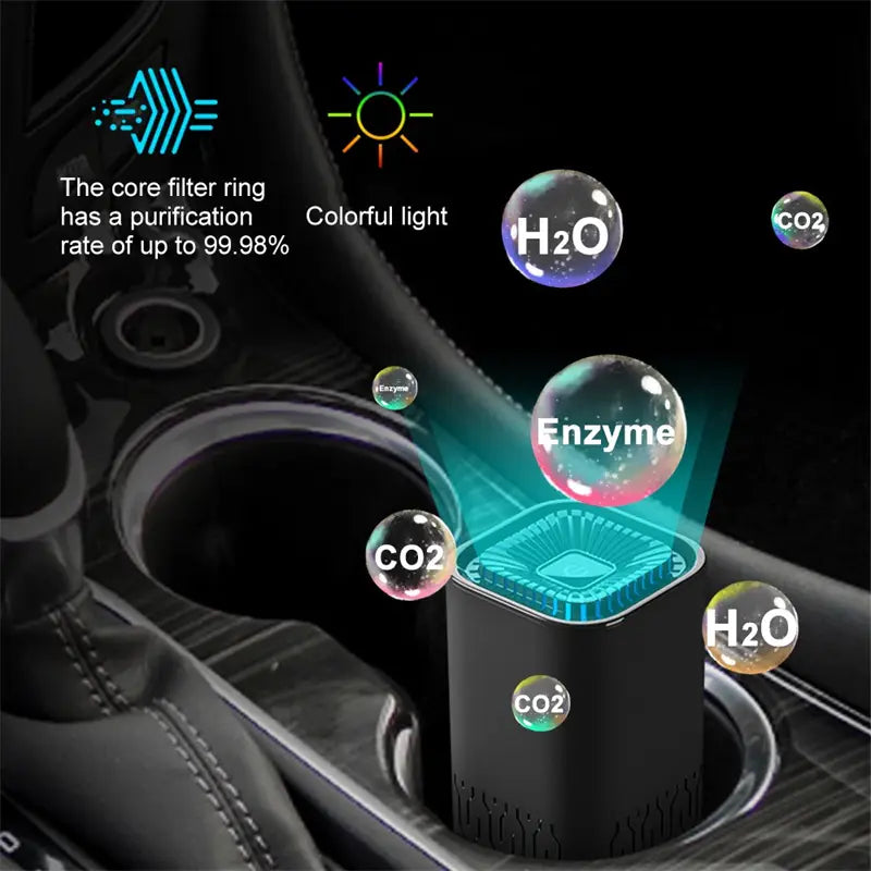 Black cylindrical portable car air purifier with negative ion generator featuring a glowing blue core filter ring and colorful light display.