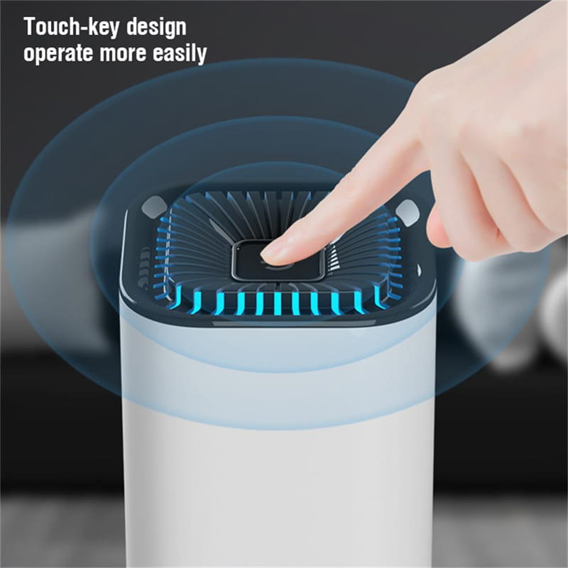 A sleek cylindrical air purifier portable in white with a black top and glowing blue touch-key design designed as a car air purifier with negative ion technology.