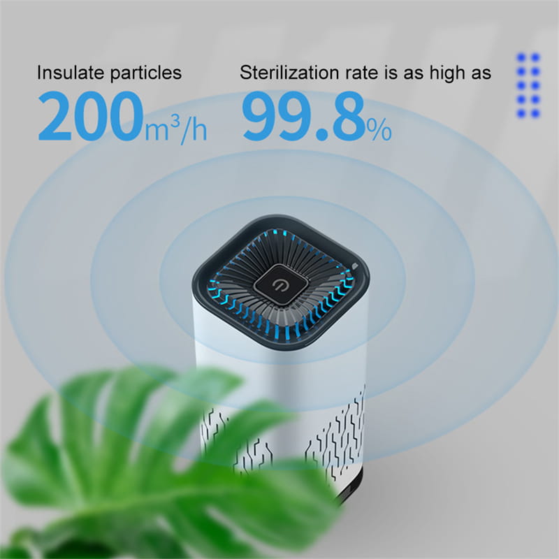 White and black car air purifier portable with a sleek modern design featuring blue led lights around the top grille and negative ion generator function.