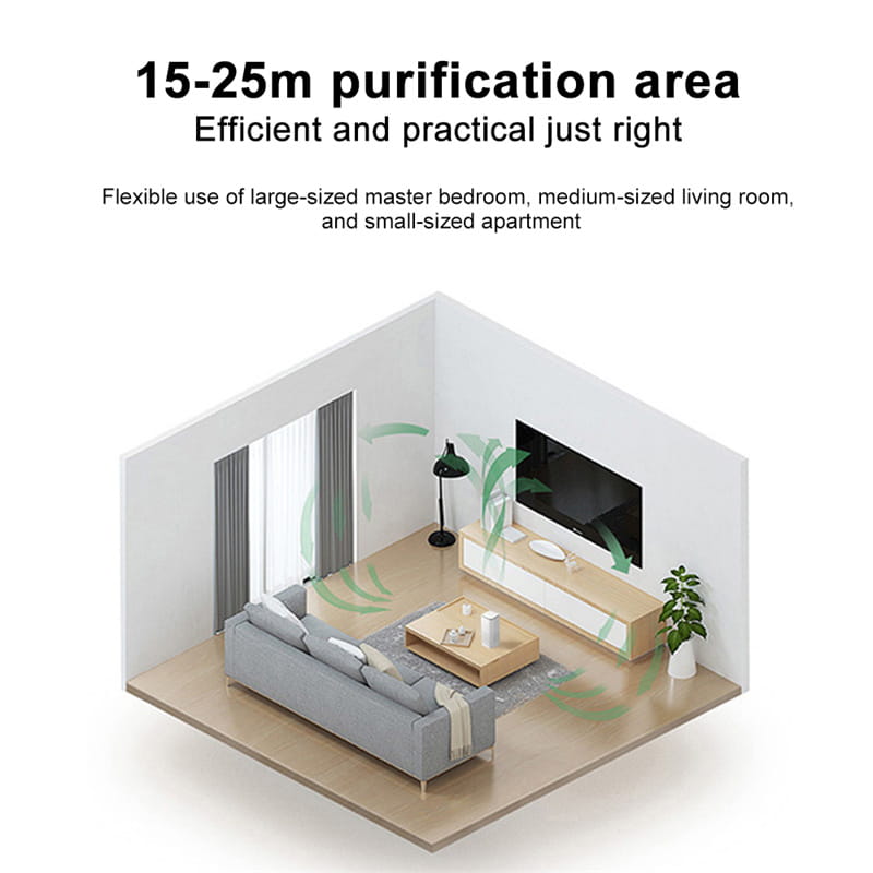 modern minimalist living room with a gray sofa and wooden furniture showcasing a portable car air purifier negative ion generator for improved air quality.