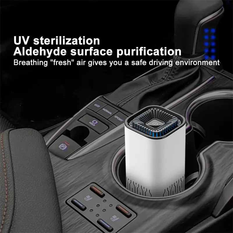 White cylindrical car air purifier portable with a black and blue top featuring uv sterilization technology and negative ion generator for improved air quality.