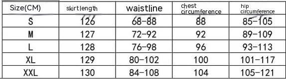 size chart for a light blue satin slim backless dress with measurements in centimeters for sizes s to xxl, ideal for a sexy slim backless dress summer look.