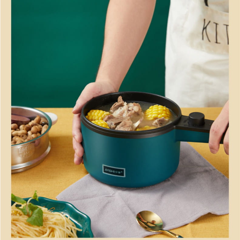 Teal compact multifunctional electric cooking pot with sleek modern design, black handle and lid, ideal for versatile electric cooking.