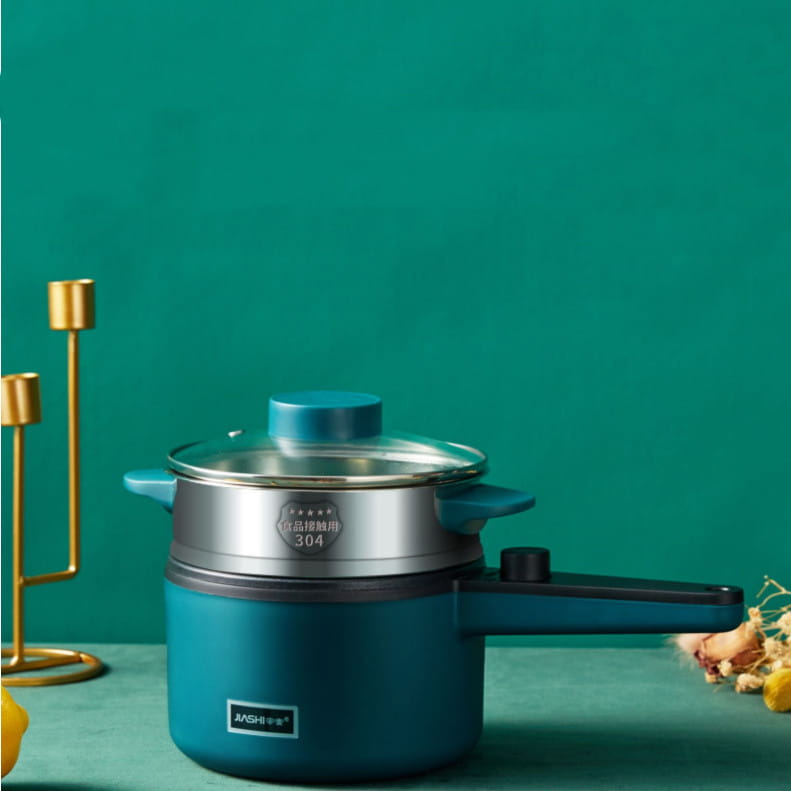 Teal compact multifunctional electric cooking pot with a glass lid, blue handles, silver body, and black control knob for versatile electric cooking.