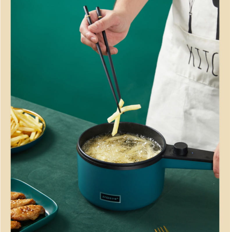 Teal compact multifunctional electric cooking pot with a blue electric frying pot featuring a black handle and lid.