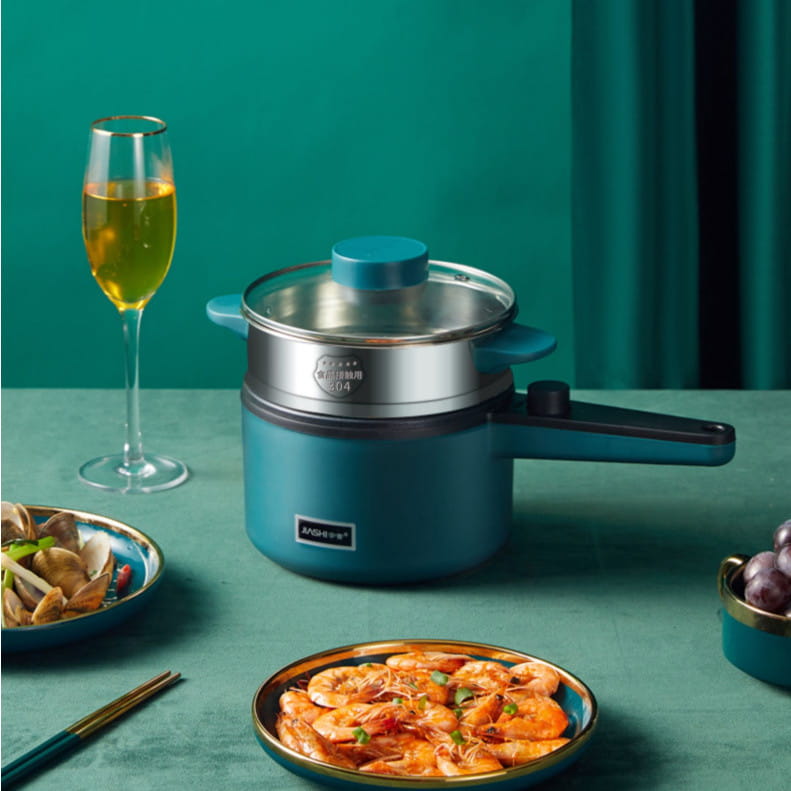 teal compact multifunctional electric cooking pot featuring a double-layer electric cooking pot design with a stainless steel inner pot and lid, black handles, and a branded label