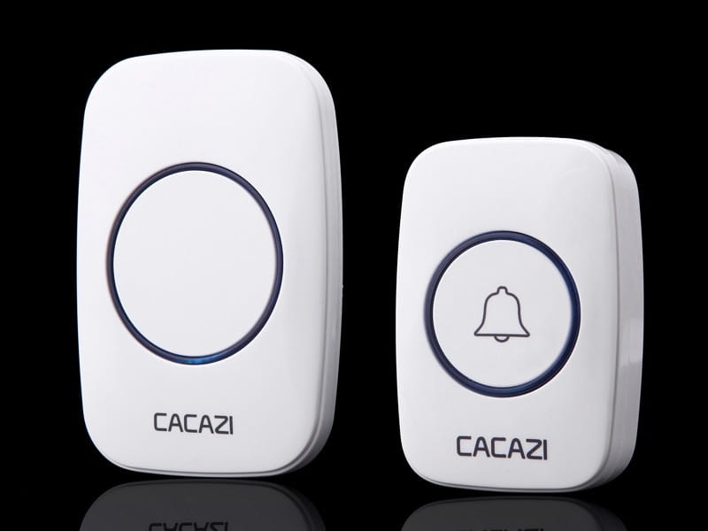 white intelligent exchange doorbell system featuring a wireless doorbell home design with a sleek, rounded rectangular shape and a central button illuminated by a blue ring