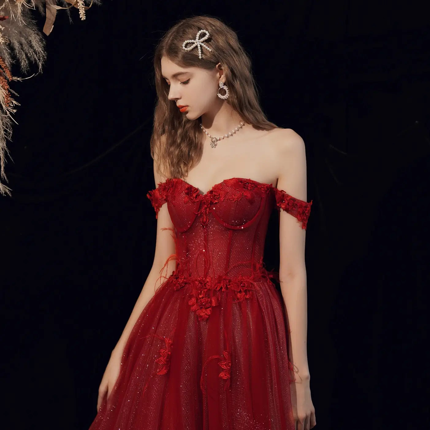a shimmering red lace off shoulder wedding toast dress featuring intricate lace detailing and sparkling embellishments, ideal for the toast dress host or dress host annual events