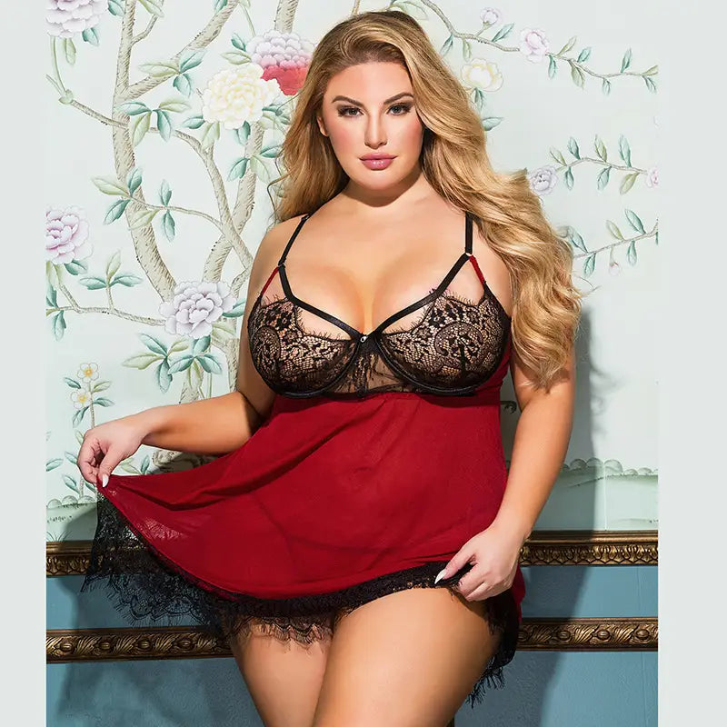 plus size sexy lace backless nightdress featuring a red lace-trimmed nightgown with a black lace bralette top.