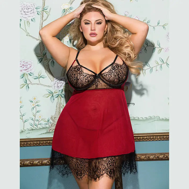 plus size sexy lingerie featuring a black lace bra paired with a red satin skirt designed as a sexy lingerie backless nightdress