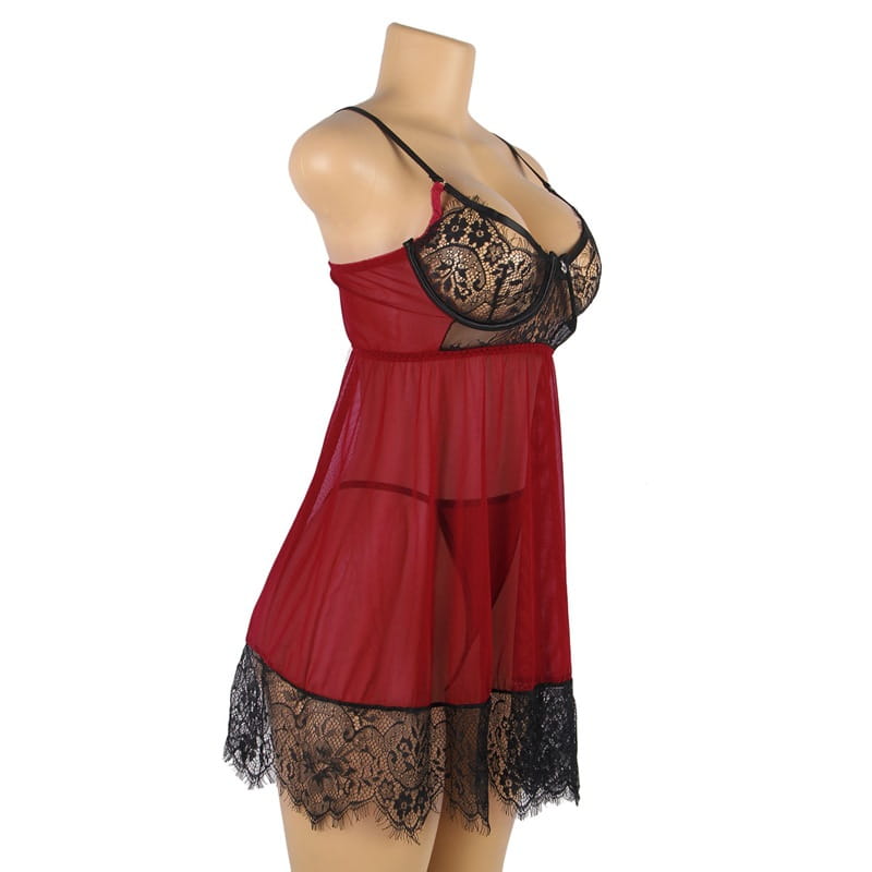 plus size sexy lingerie featuring a red sheer nightgown with black lace trim and a matching backless bralette