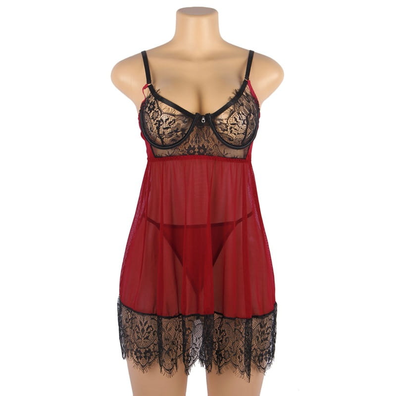 plus size sexy lingerie red lace chemise with black lace trim and thin straps featuring a backless design for a sexy lingerie backless nightdress.