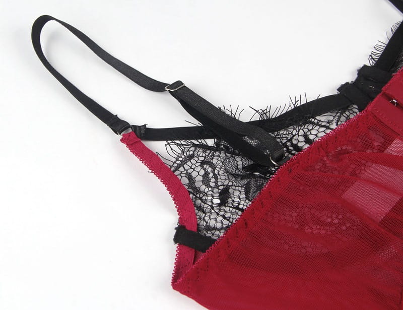 plus size sexy lingerie backless nightdress in red lace with black straps and delicate frayed edges shown from the front