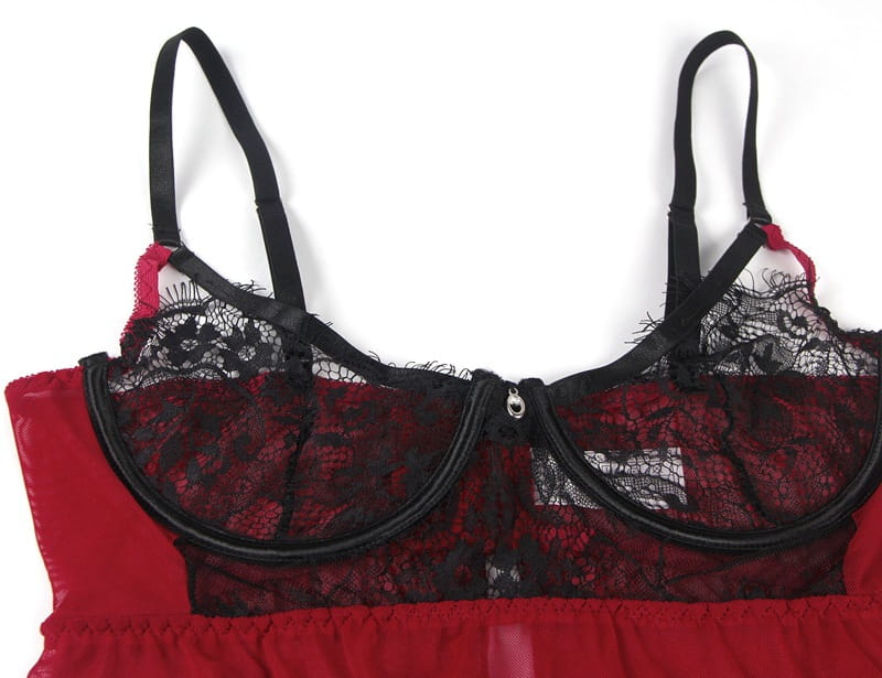 plus size sexy lingerie featuring a red and black lace bra with satin straps designed for a backless nightdress.