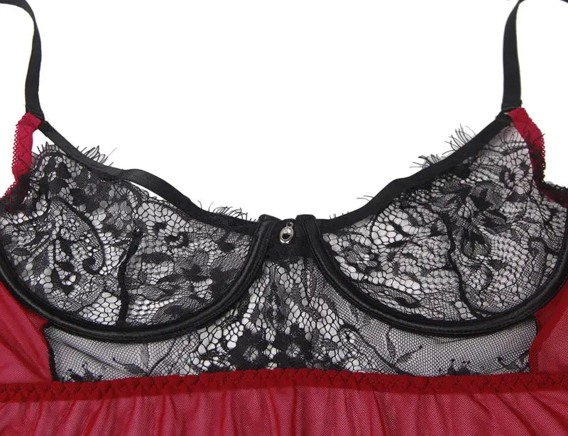 plus size sexy lingerie lace backless nightdress featuring a black lace bra with red fabric trim and adjustable straps.