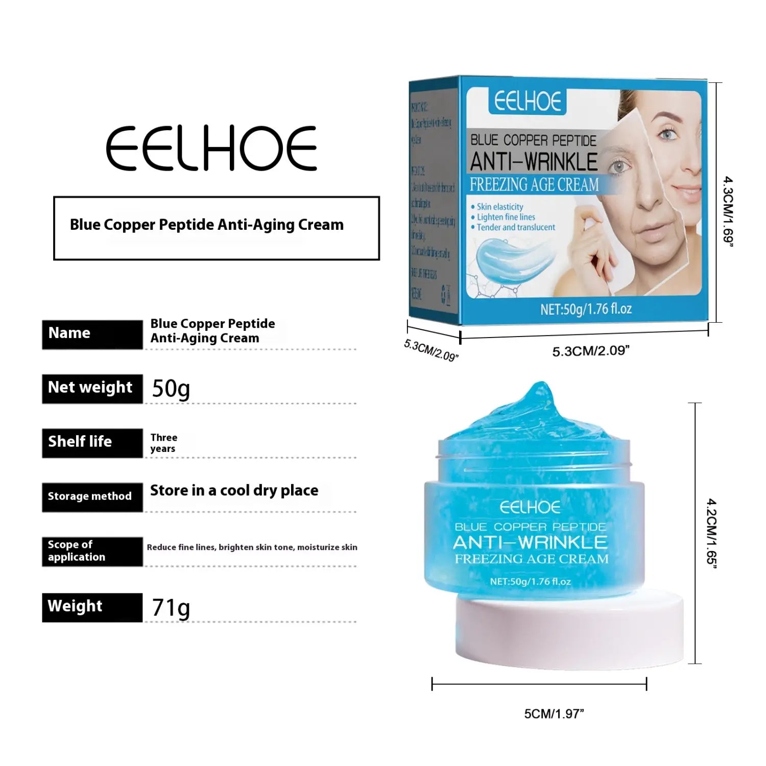 a translucent blue gel-like moisturizing cream in a clear plastic jar with a matching lid labeled eelhoe blue copper peptide anti-wrinkle freezing age cream for fading wrinkle and anti-wrinkle care.