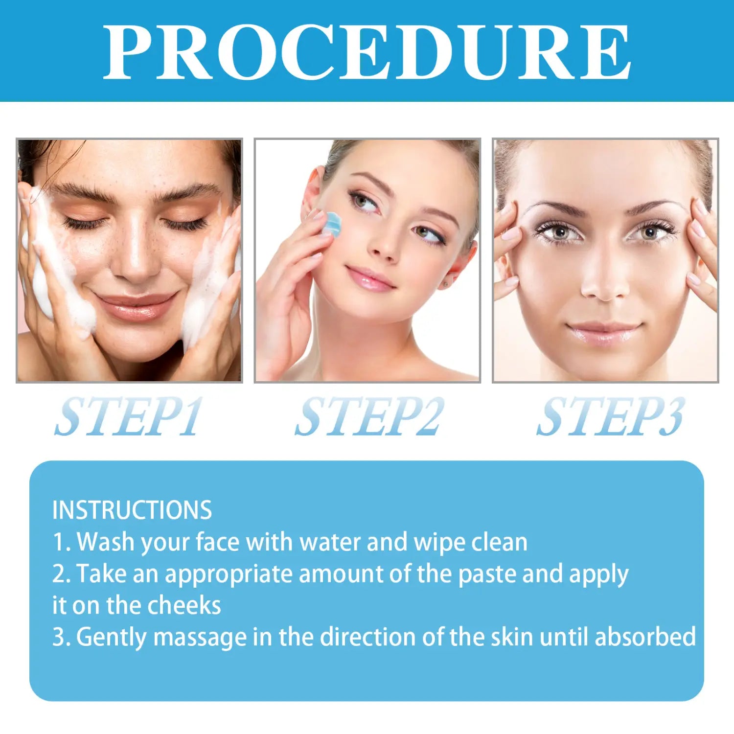 blue and white instructional guide for a fading wrinkle moisturizing cream detailing the facial skincare procedure for blue copper peptide fading wrinkle anti-wrinkle treatment