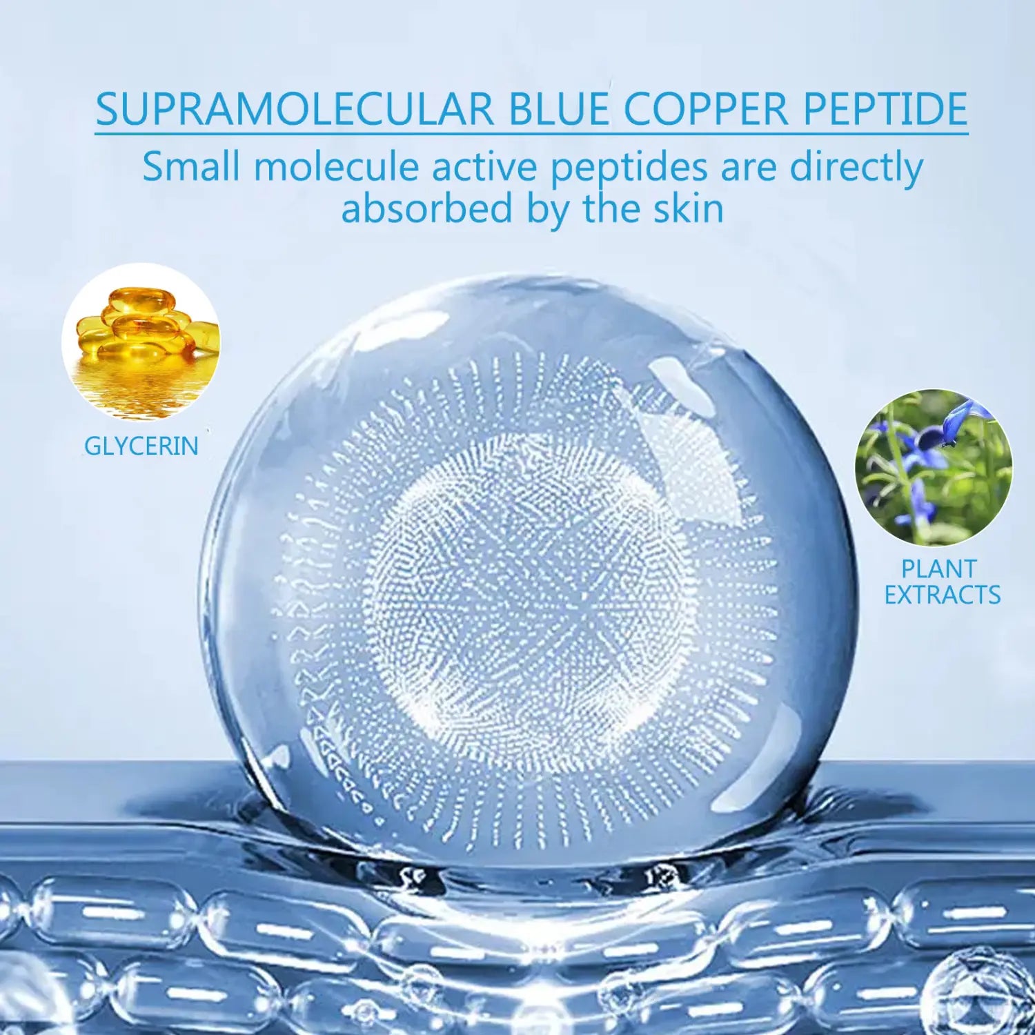 A translucent blue sphere with a detailed crystalline pattern inside representing blue copper peptide fading wrinkle moisturizing cream for fading wrinkle and anti-wrinkle care.