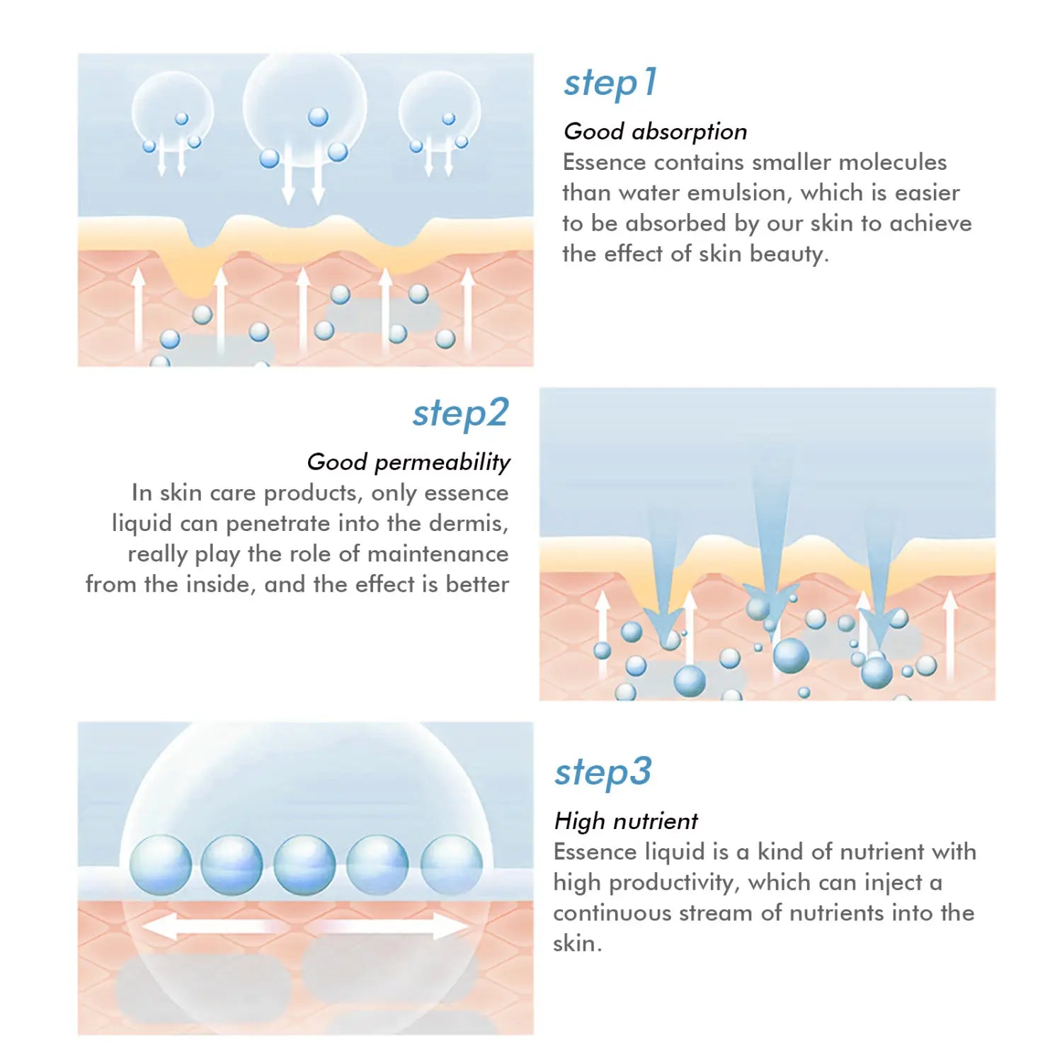 Illustration of skin layers with blue molecular spheres representing essence absorption and nutrient delivery in blue copper peptide fading wrinkle moisturizing cream for fading wrinkle anti-wrinkle care.
