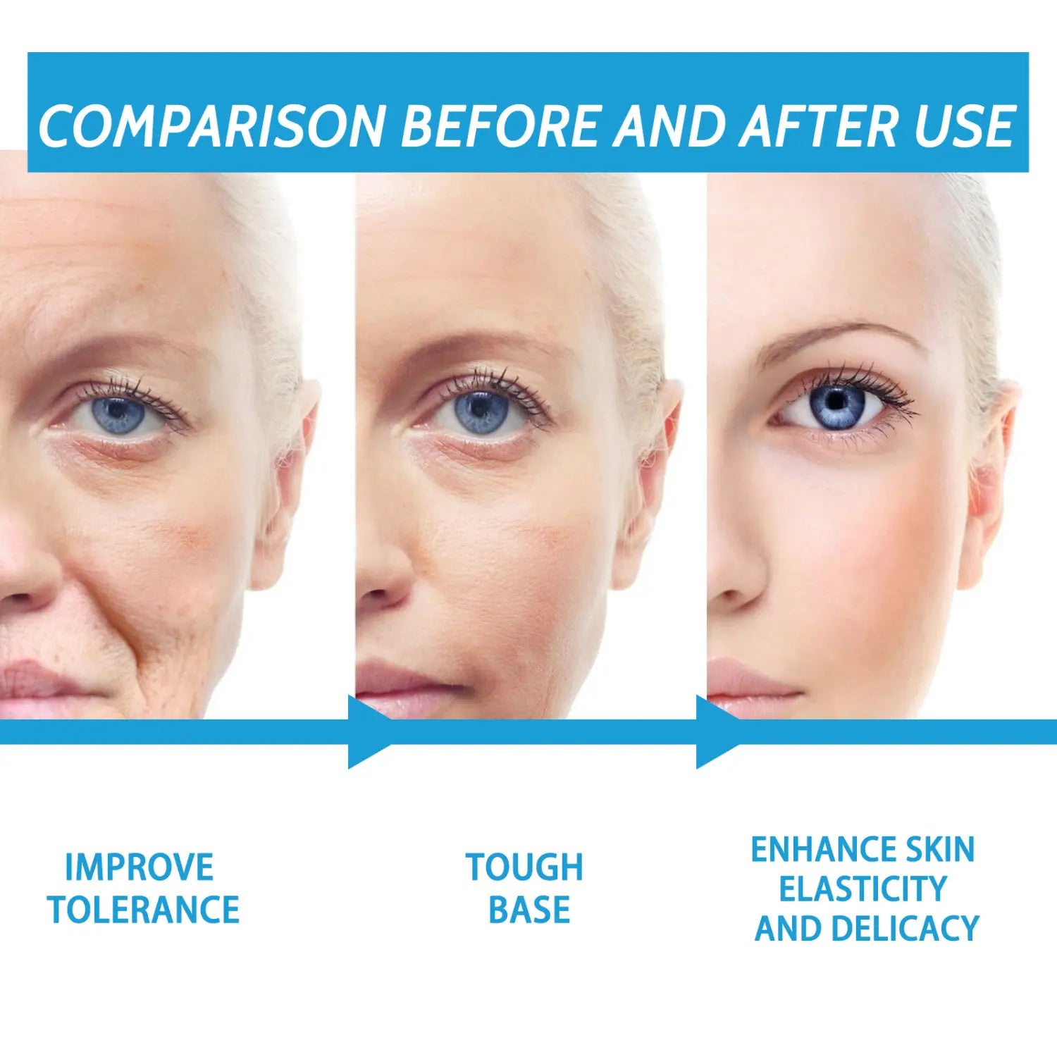 a woman’s face showing progressive improvement in skin texture and tone using blue copper peptide fading wrinkle moisturizing cream with fading wrinkle anti-wrinkle effects resulting in smoother, more radiant skin