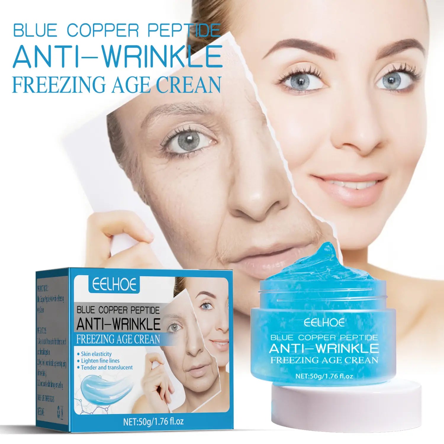 blue copper peptide fading wrinkle moisturizing cream in a translucent blue jar with a white lid and matching box designed for fading wrinkle and anti-wrinkle skincare.