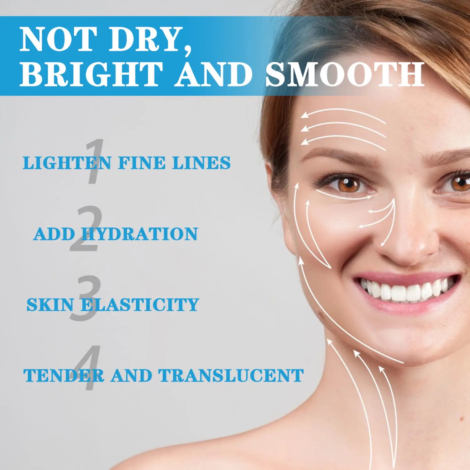 A woman with fair skin and brown eyes smiles with white arrows highlighting the hydrating and smoothing benefits of blue copper peptide fading wrinkle moisturizing cream.