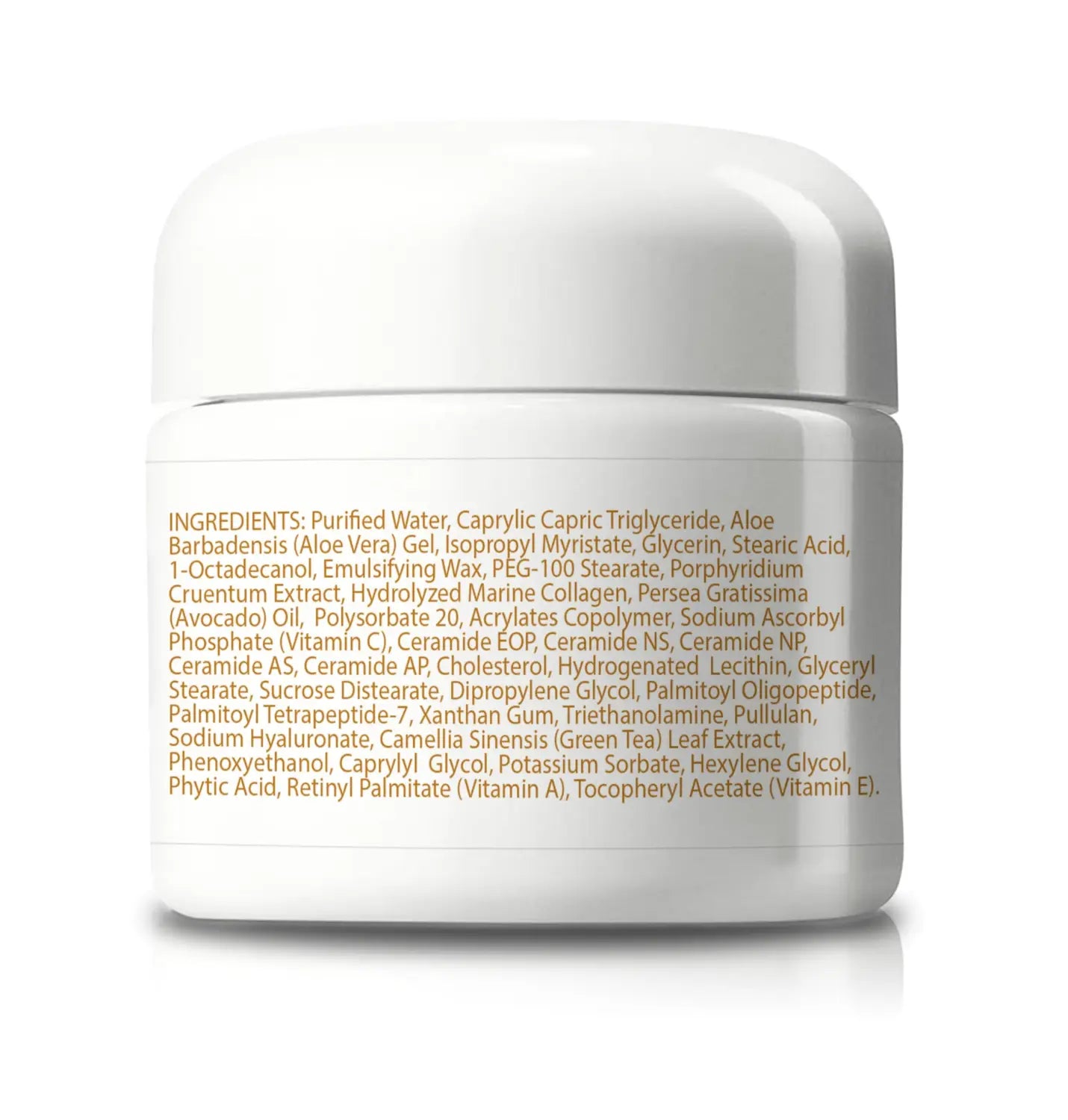 White ceramic jar with a smooth rounded lid and gold-colored ingredient label for anti aging moisturizing face cream.