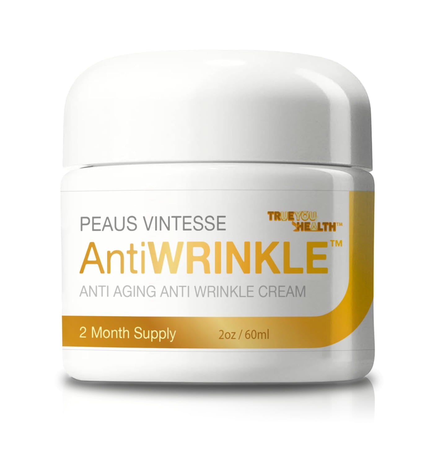 white plastic jar of Peaus Vintesse anti aging moisturizing face cream with a matching lid and gold-colored label featuring the product name, brand trueyou health, and volume information.