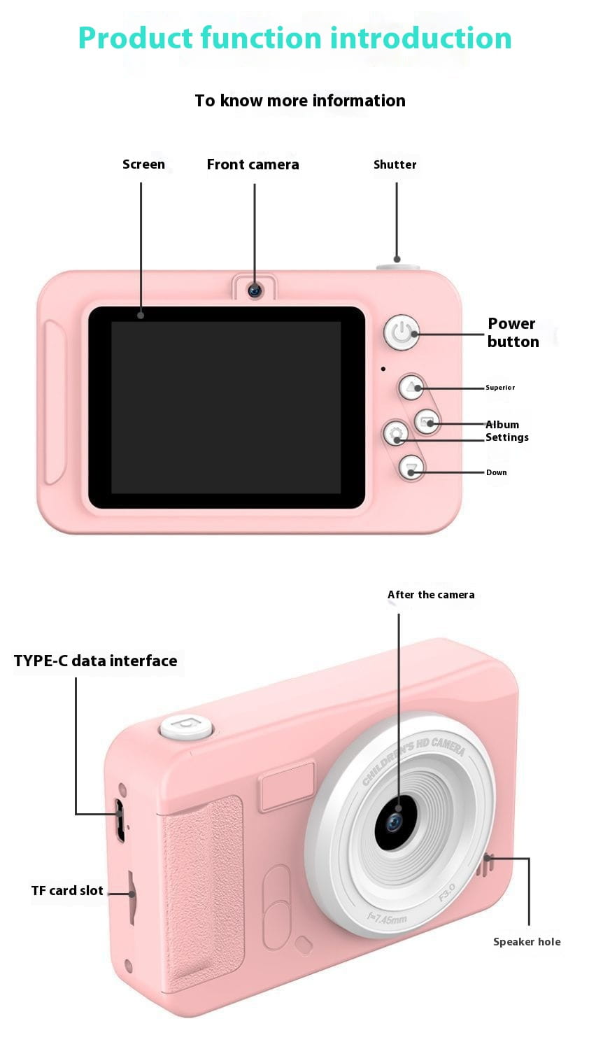 silver portable ccd digital camera for students featuring a pink rounded plastic body with a white lens ring.