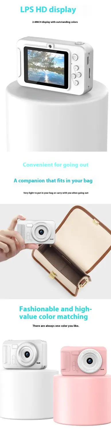 Silver portable ccd digital camera for students featuring a 2.4-inch lps hd display and elegant compact design with soft rounded edges available in white and pink digital camera colors.