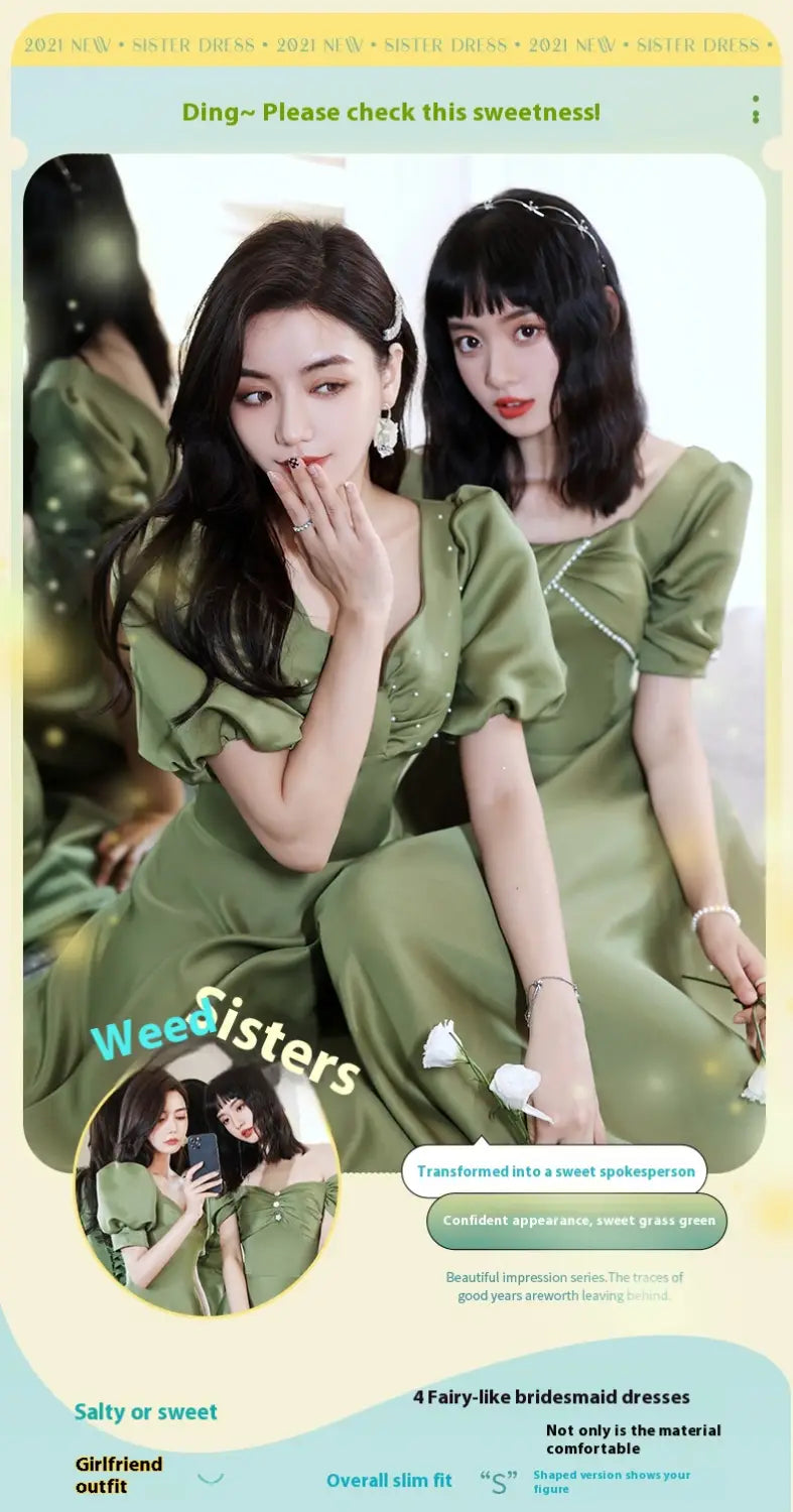 Olive green satin sister dress with puffed sleeves and a square neckline from the avocado green sisters group collection.