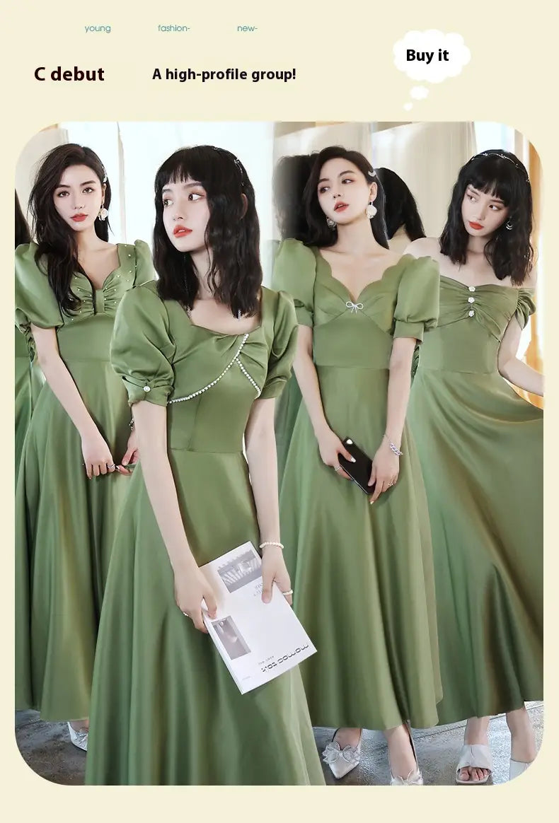 Avocado green sisters group satin midi dress featuring puffed sleeves and pearl embellishments in olive green satin.