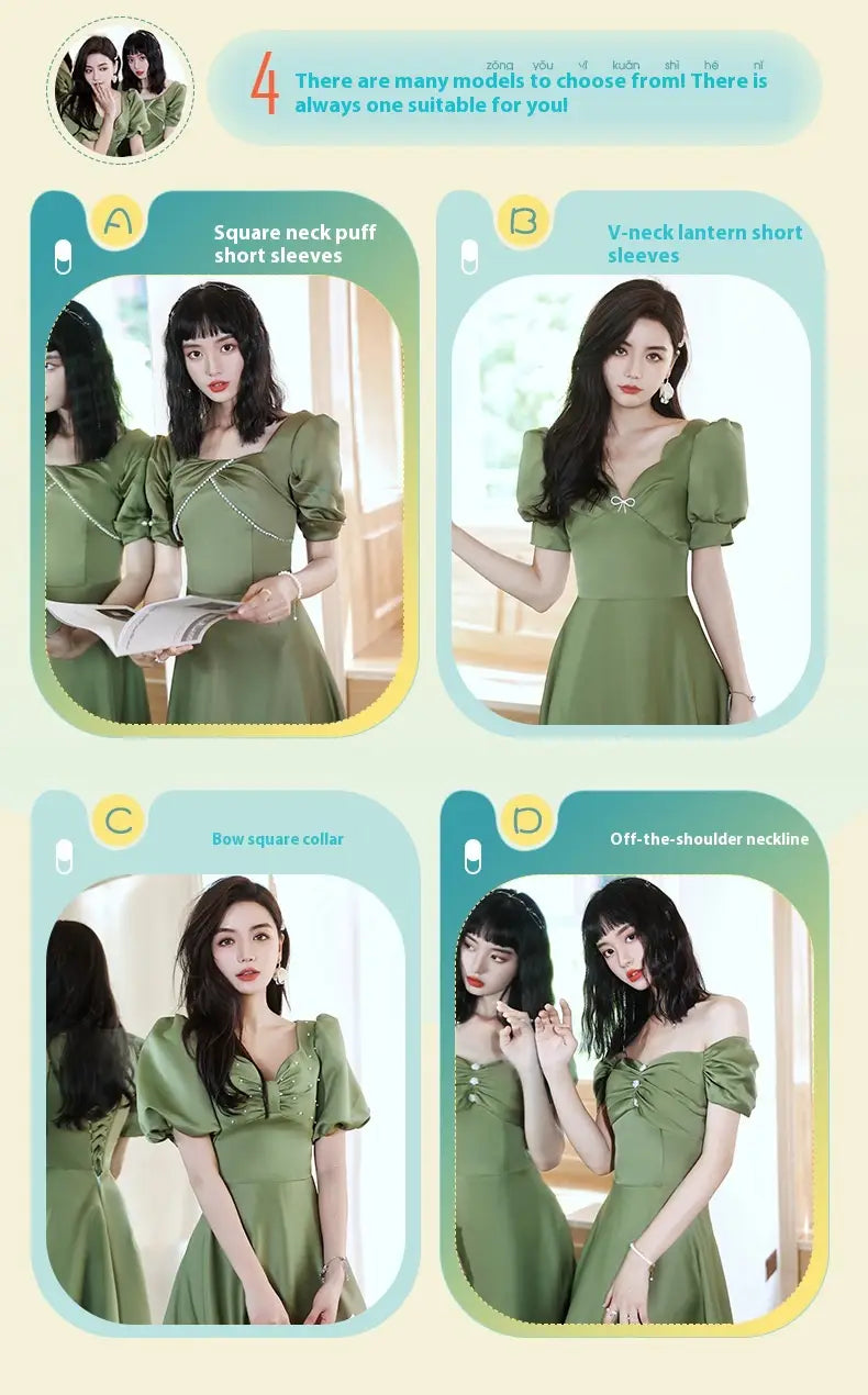 Olive green short-sleeved satin midi dress with puffed sleeves and various neckline styles from the avocado green sisters collection.
