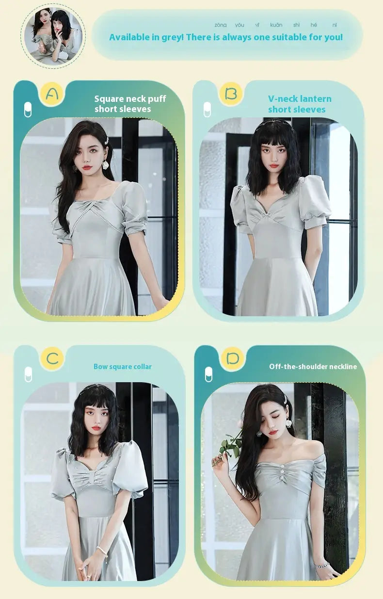 A soft silver gray two-piece dress set from avocado green sisters featuring satin material, puff short sleeves, and a matching off-the-shoulder neckline with delicate embellishments.