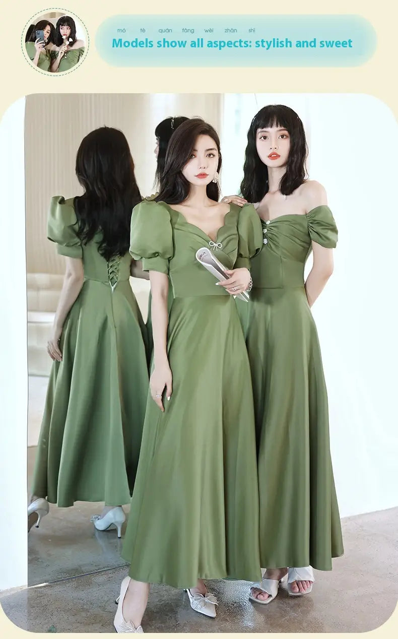 olive green off-the-shoulder midi dress with puffed sleeves and a corseted back from avocado green sisters group satin v neck midi dress collection