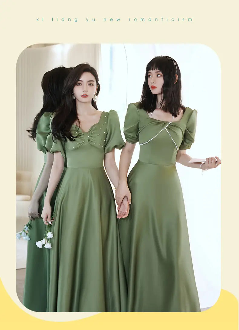 olive green satin bridesmaid dress with puffed sleeves and beaded detailing from the avocado green sisters group featuring a v neck midi design