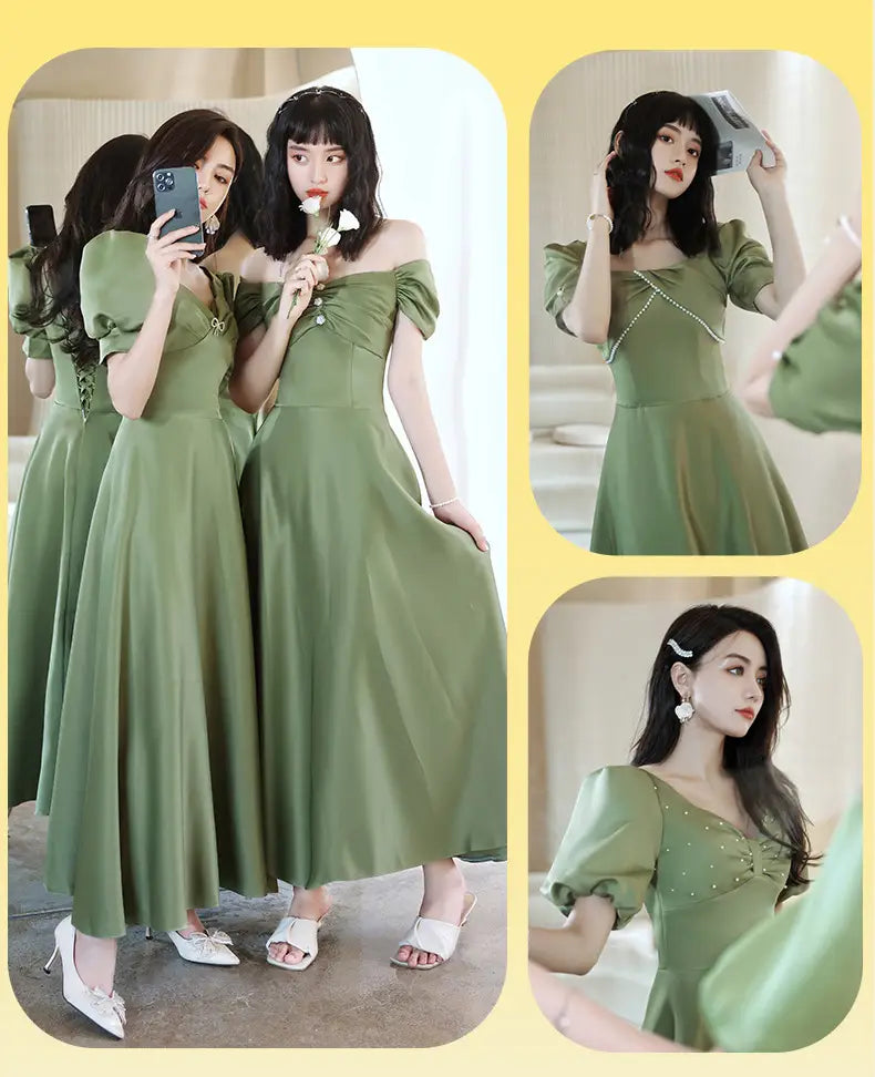 olive green satin off-the-shoulder midi dress with puffed sleeves and a beaded bow at the neckline from avocado green sisters group