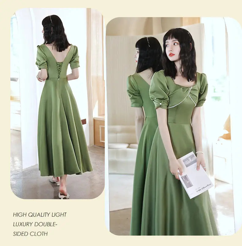 an elegant avocado green sisters group satin midi dress with puffed short sleeves, square neckline featuring a delicate pearl chain detail, and a back lace-up design
