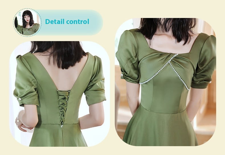 olive green satin midi dress from avocado green sisters group with puffed sleeves and back lace-up detail shown from the back side