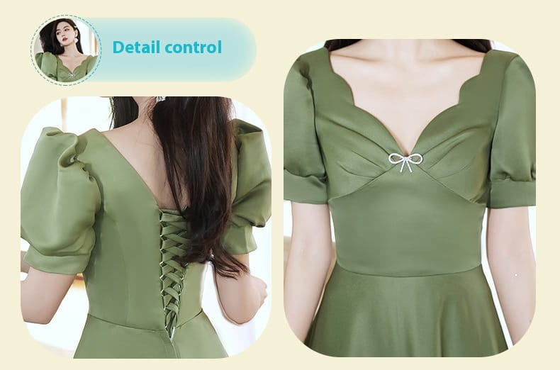 avocado green sisters satin v neck midi dress in olive green with puffed sleeves scalloped neckline and front bow accent