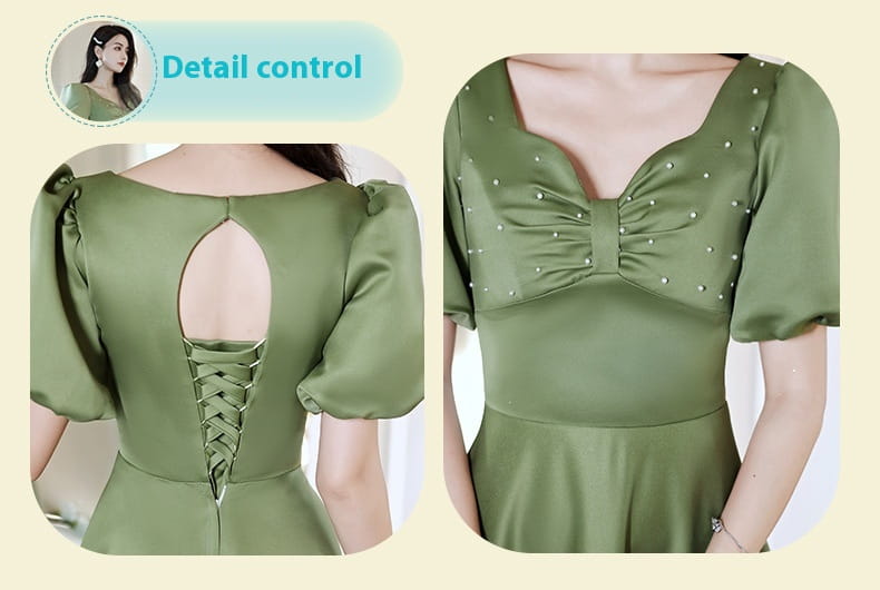 olive green satin midi dress from avocado green sisters group featuring puffed sleeves, a square neckline with bow and pearl embellishments, and a back cutout with lace-up detailing.