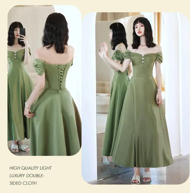 a sleek avocado green sisters group off-the-shoulder midi dress with a corseted back in satin-like fabric