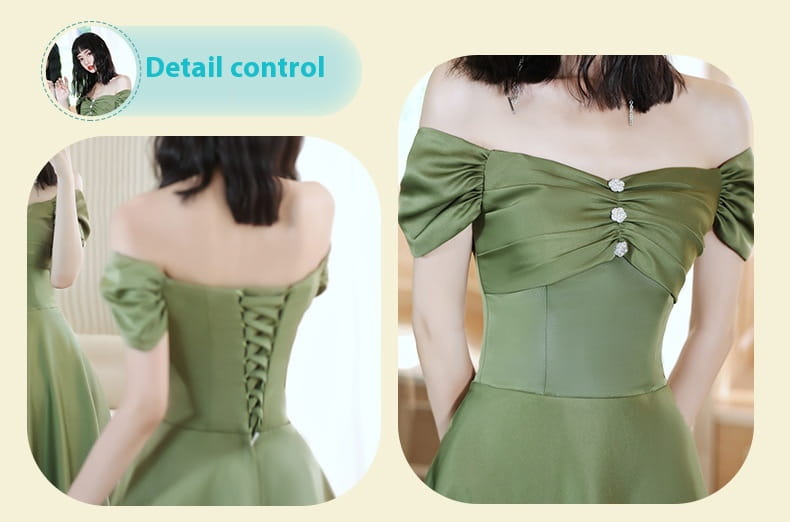 olive green satin off-the-shoulder dress with puffed sleeves and corset-style back lacing from the avocado green sisters group collection