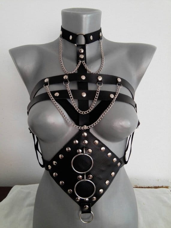 black leather perform dance harness with silver toned metal studs rings and chains for dance costume