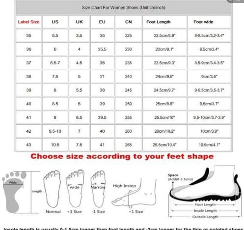 Size chart for women’s stylish peep toe hollow mesh lace-up dance heels displaying measurements in centimeters and various international sizing systems.