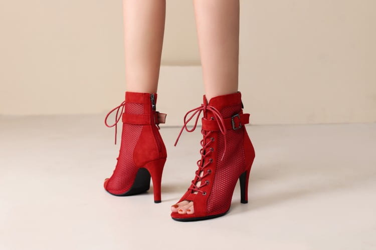 Stylish peep toe hollow mesh lace-up ankle boots in red suede and mesh with a high heel ideal for dance and formal occasions.