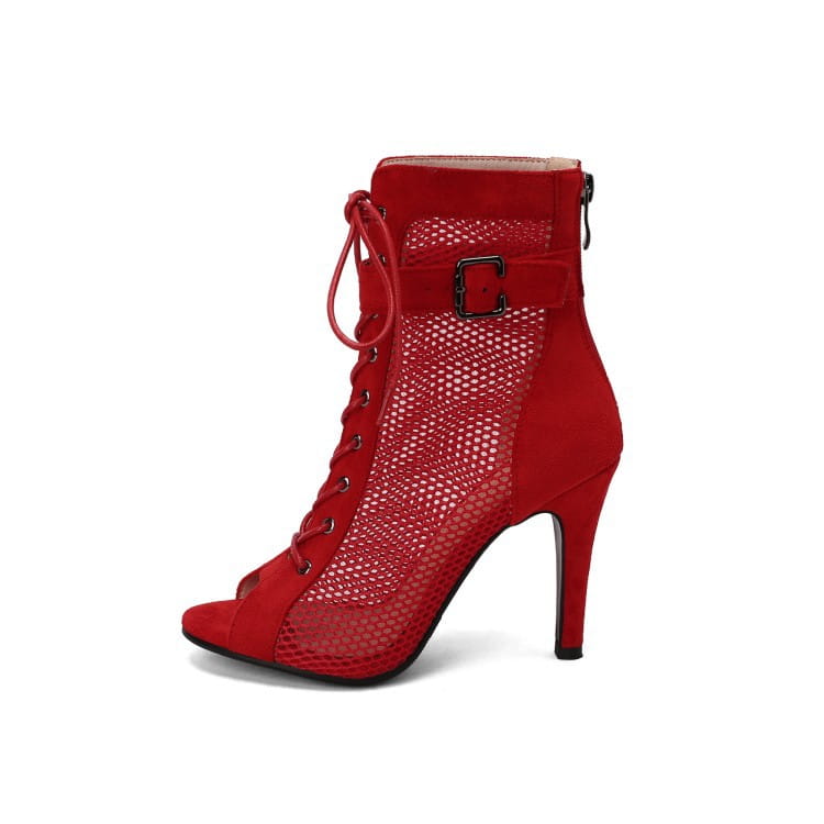 Red suede and mesh ankle boot with peep toe hollow mesh design, lace-up front, black buckle detail, and high stiletto heel in a stylish peep toe dance heel style.