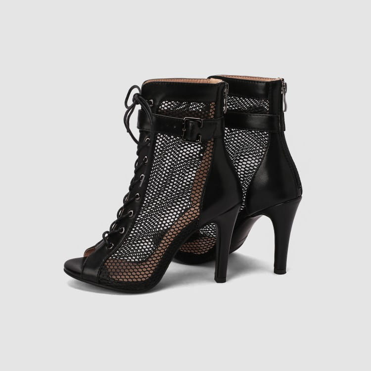 black mesh ankle boots with lace-up front and sleek high heel featuring a stylish peep toe hollow design perfect for dance and formal occasions