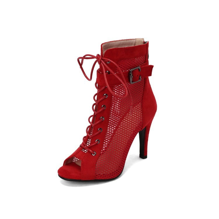 stylish peep toe lace-up ankle boot in red suede and mesh with black heel featuring toe hollow mesh design for dance use